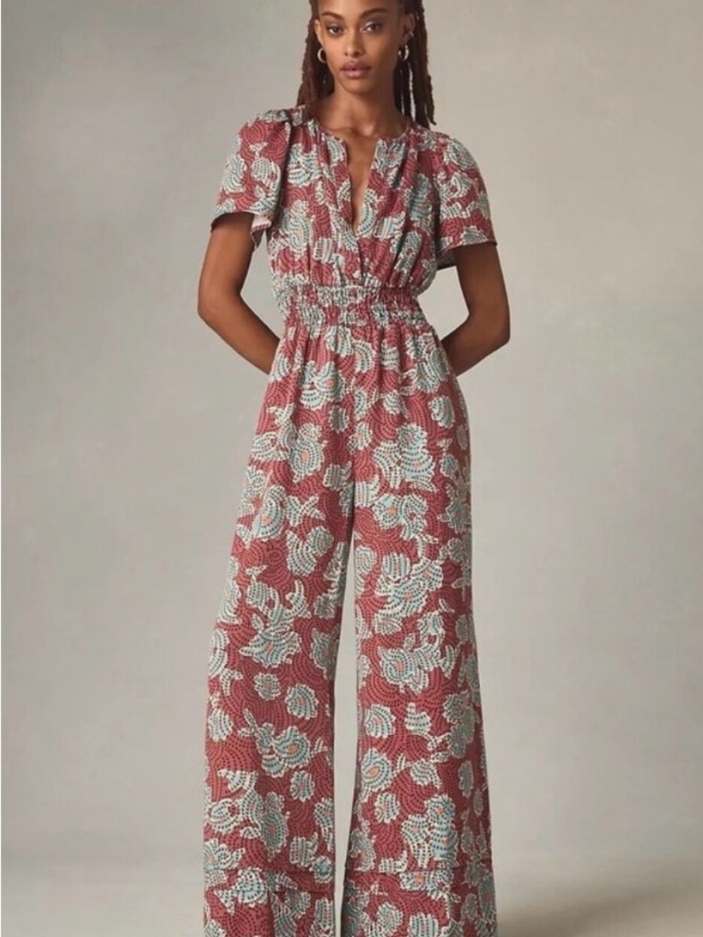 Anthropologie Rust Floral Wide-Leg Jumpsuit
